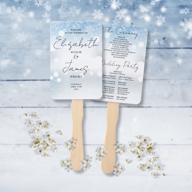 Éventail Programme de mariage d'hiver Flocons de neige d'éc (Modern Script Snowflakes Winter Wedding Program Hand Fan)