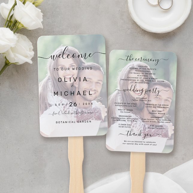 Éventail Programme de mariage d'une photo simple et élégant (Modern simple elegant script photo wedding program hand fan)