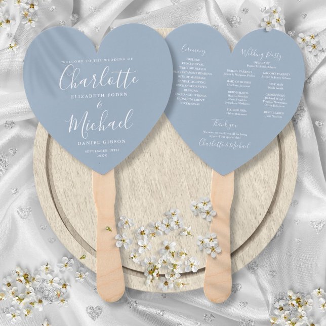 Éventail Programme de mariage Dusty Blue Script avec cœur (Dusty Blue Script Wedding Program Heart Hand Fan)