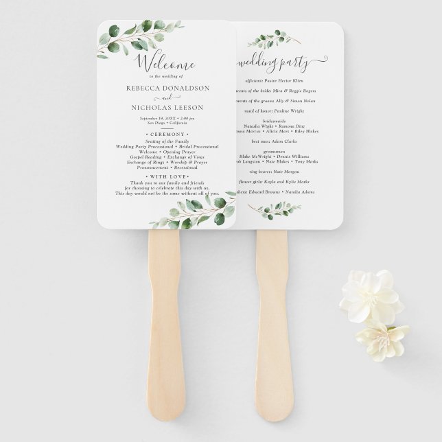 Éventail Programme de mariage écologique simple Eucalyptus (Devant et derrière)
