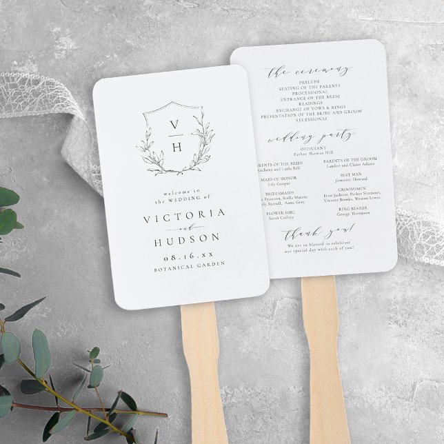 Éventail Programme de mariage Elegance botanique crête mono (Elegance botanical crest monogram wedding program hand fan)