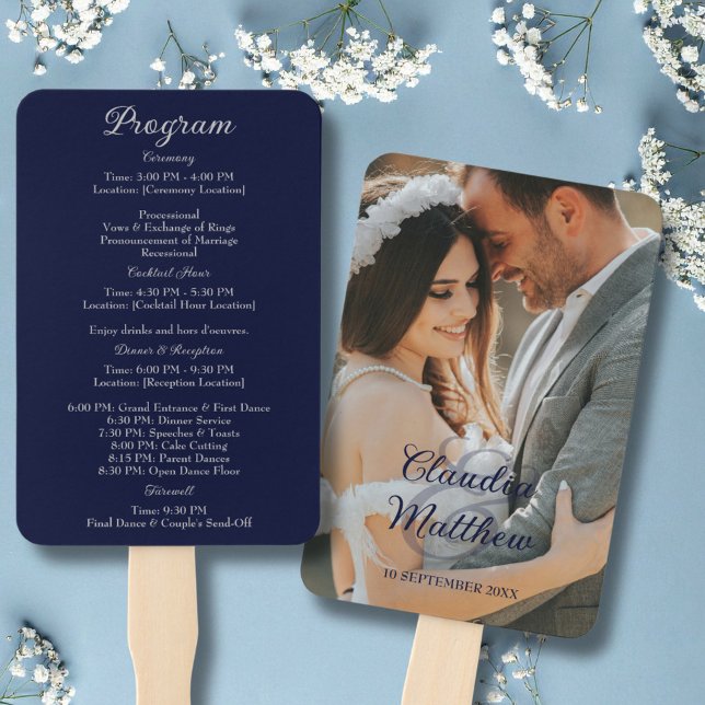 Éventail Programme de mariage élégant à l'écriture argentée (Elegant Navy Blue & Silver Script Wedding Program Hand Fan)