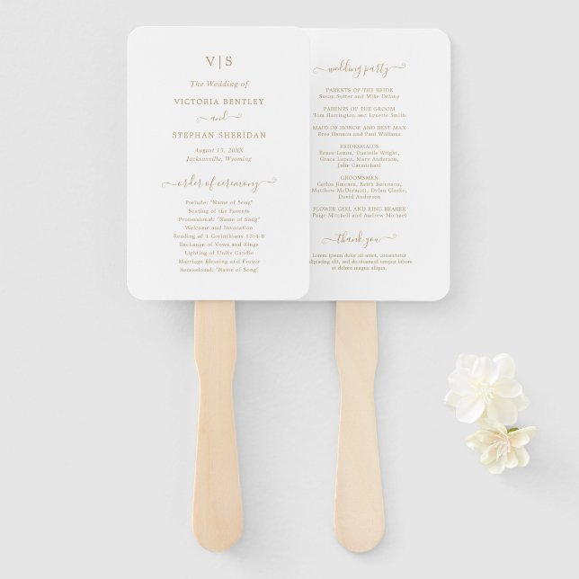 Éventail Programme de mariage élégant avec monogramme en or (Devant et derrière)