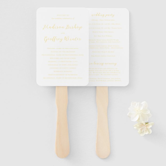 Éventail Programme de mariage élégant en script gras jaune  (Devant et derrière)