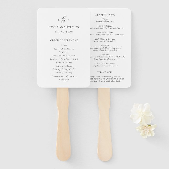 Éventail Programme de mariage élégant noir et blanc intempo (Devant et derrière)