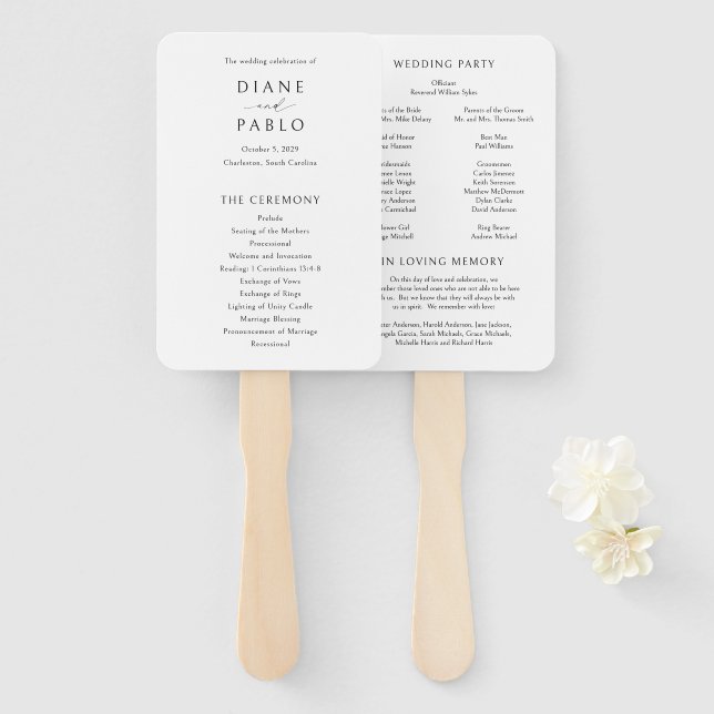 Éventail Programme de mariage élégant noir et blanc moderne (Devant et derrière)