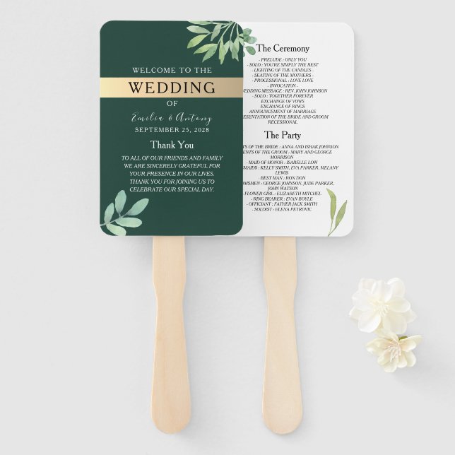 Éventail Programme de mariage Émeraude Rustique (Devant et derrière)