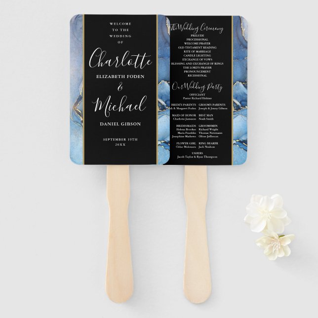 Éventail Programme de mariage en agate bleue avec écriture  (Devant et derrière)