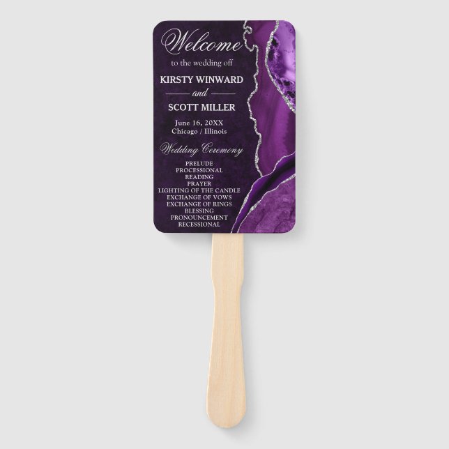 Éventail Programme de mariage en agate pailletée violet et  (Devant)