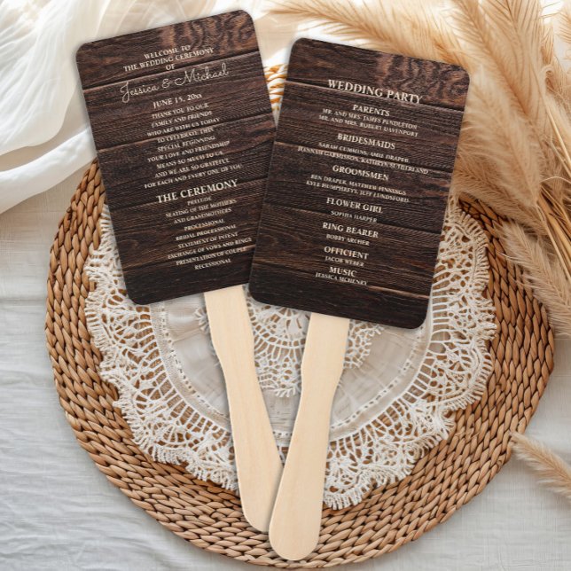Éventail Programme de mariage en bois rustique brun foncé (Rustic wood wedding program hand fan)