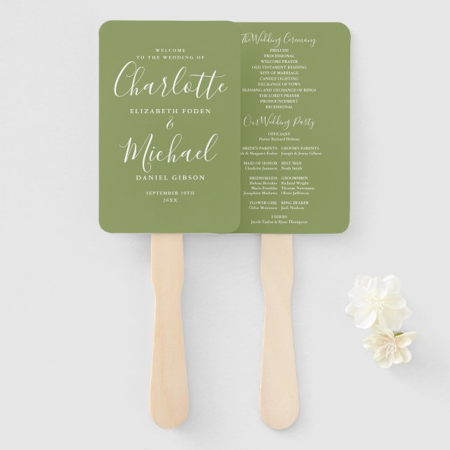 Éventail Programme de mariage en écriture signature vert mo (Devant et derrière)