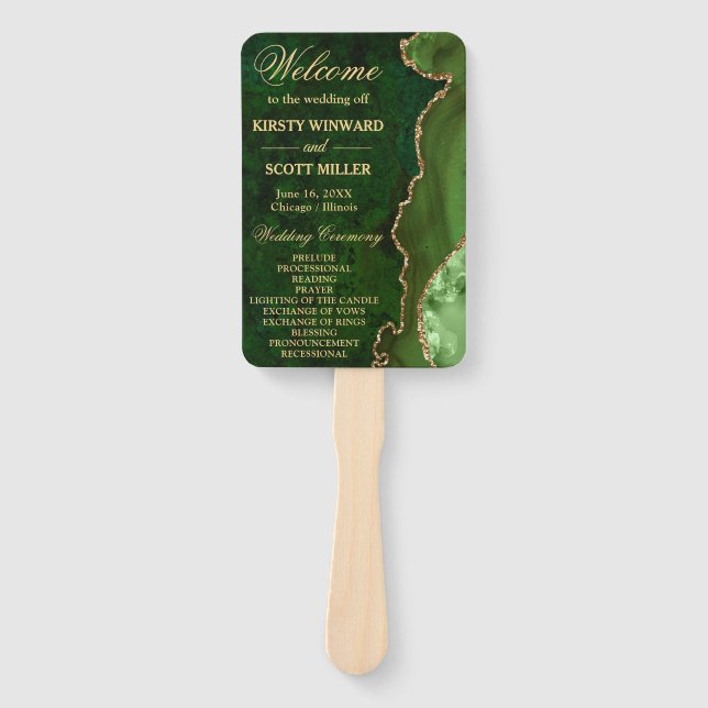 Éventail Programme de mariage en faux agate vert et or pail (Devant)