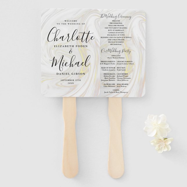 Éventail Programme de mariage en marbre à script de signatu (Devant et derrière)