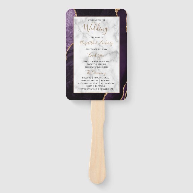 Éventail Programme de mariage en marbre d'agate or violet (Devant)