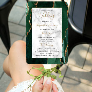Éventail Programme de mariage en marbre de nacre vert émera