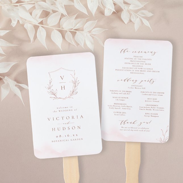 Éventail Programme de mariage en or rose botanique crête mo (Rose gold botanical crest monogram wedding program hand fan)