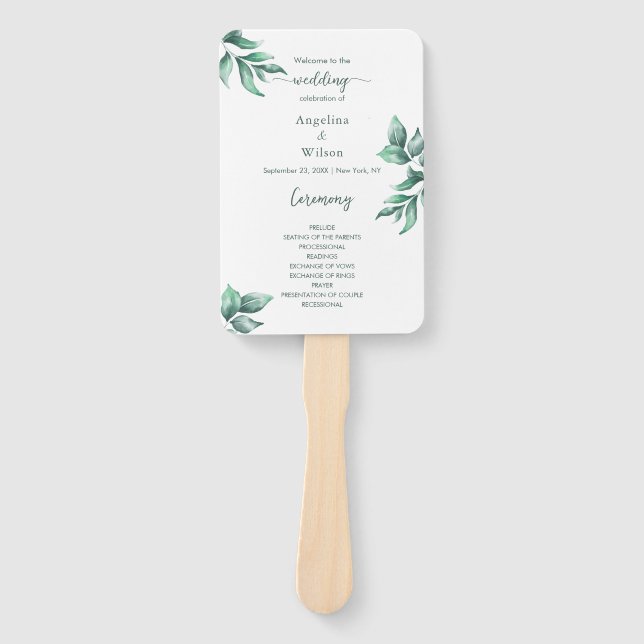 Éventail Programme de Mariage Eucalyptus Élégant de verdure (Devant)