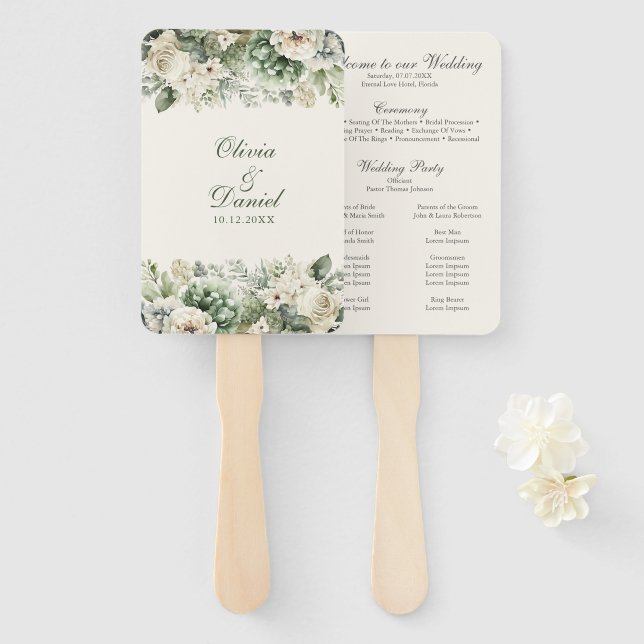 Éventail Programme de mariage Fleurs de Boho Vert Sauge et  (Devant et derrière)