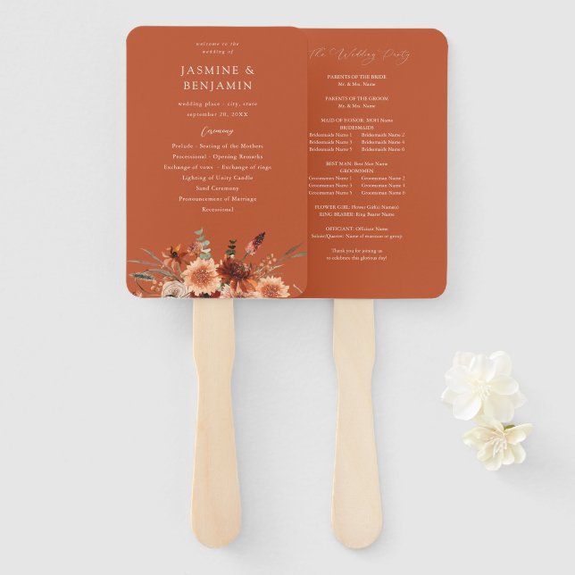 Éventail Programme de mariage Fleurs de Terre Rustique & Ch (Devant et derrière)