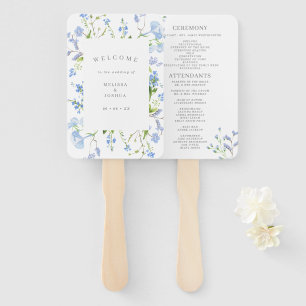 Éventail Programme de mariage floral à l'aquarelle bleue dé