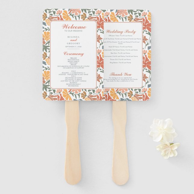 Éventail Programme de mariage floral abstrait d'oiseaux du  (Devant et derrière)