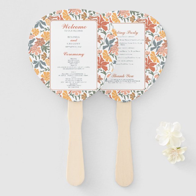Éventail Programme de mariage floral abstrait oiseaux milie (Devant et derrière)
