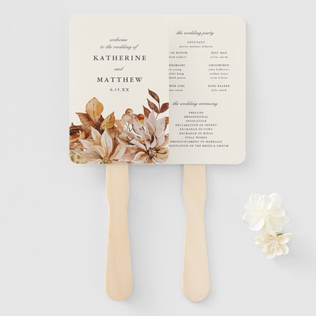 Éventail Programme de mariage floral automnal élégant aux t (Devant et derrière)