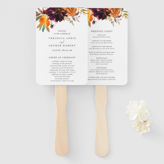 Éventail Programme de mariage floral automnal rustique (Devant et derrière)