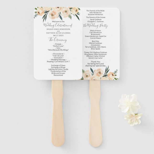 Éventail Programme de mariage floral beige (Devant et derrière)