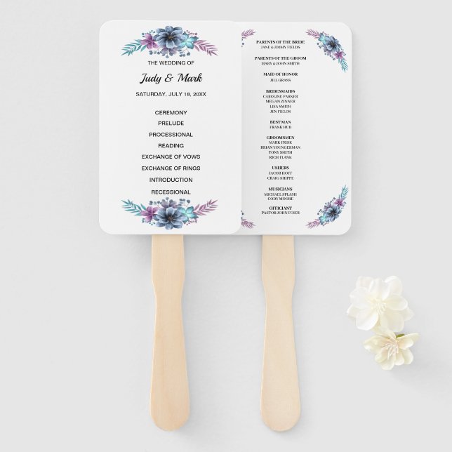 Éventail Programme de mariage floral bleu et violet (Devant et derrière)