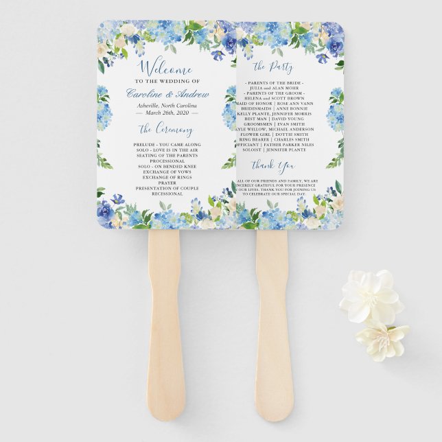 Éventail Programme de mariage floral Blue Hydrangea Waterco (Devant et derrière)