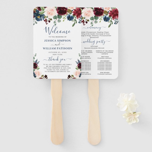 Éventail Programme de mariage floral Blush Blue Navy de Bou (Devant et derrière)