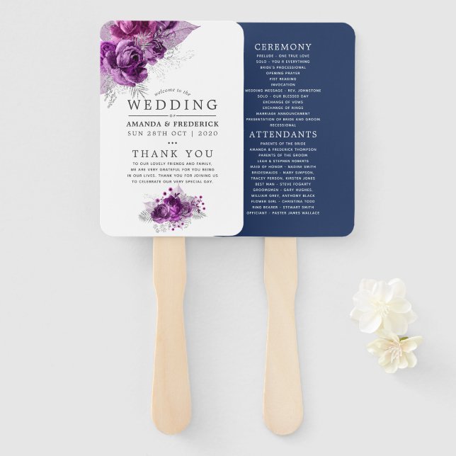 Éventail Programme de mariage floral de la prune et de la m (Devant et derrière)