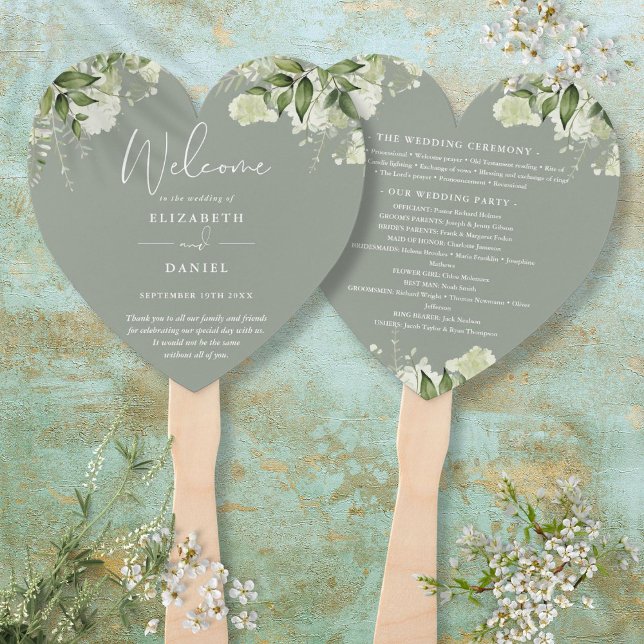 Éventail Programme de mariage floral de verdure vert sauge  (Greenery Floral Sage Green Wedding Program Heart Hand Fan)