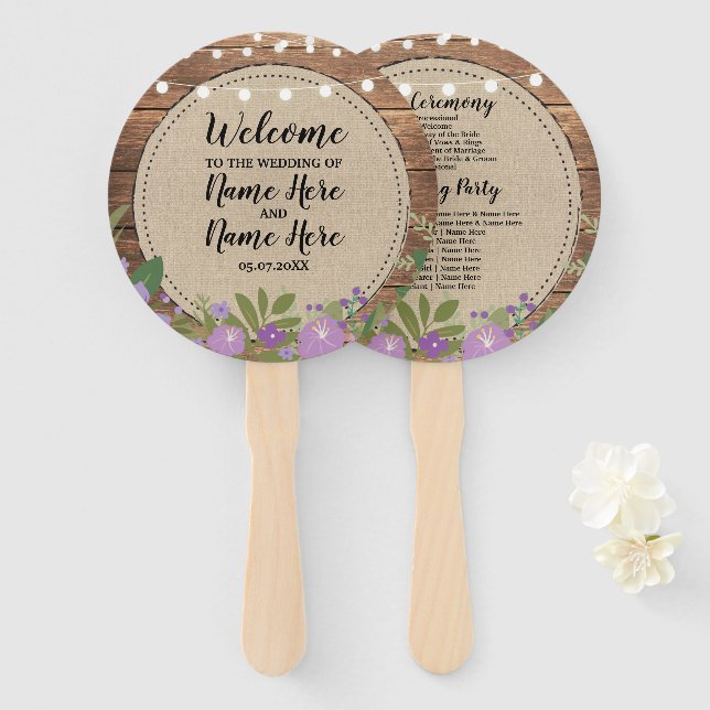 Éventail Programme de mariage floral en bois Fleurs Ventila (Devant et derrière)
