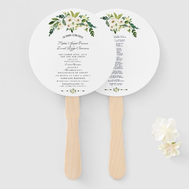 Éventail Programme de mariage floral floral florissant blan (Devant et derrière)