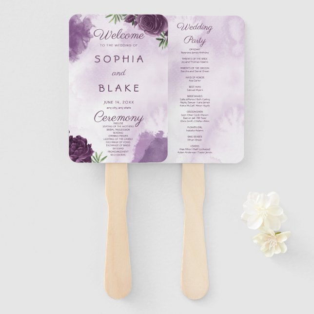 Éventail Programme de mariage floral gothique aux roses vio (Devant et derrière)