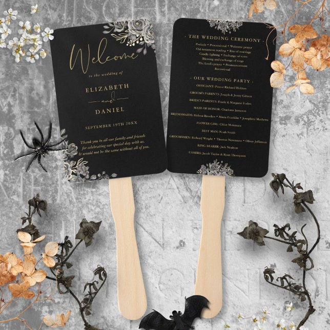 Éventail Programme De Mariage Floral Gothique Noir Et Or (Black And Gold Gothic Floral Wedding Program Hand Fan)