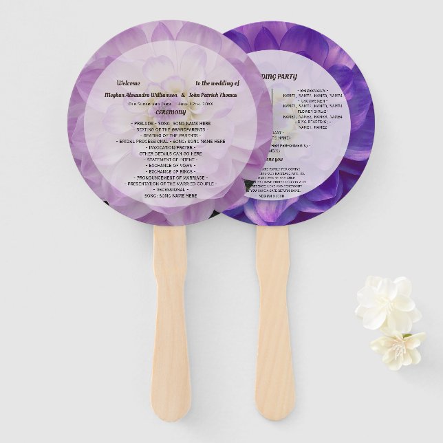 Éventail Programme de mariage floral lavande violet dahlia (Devant et derrière)