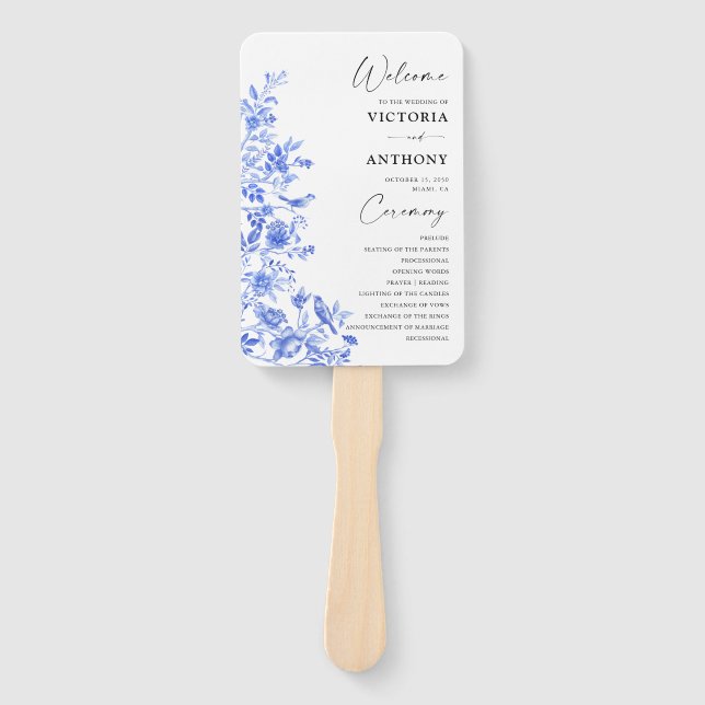 Éventail Programme de mariage floral Porcelaine Bleue (Devant)