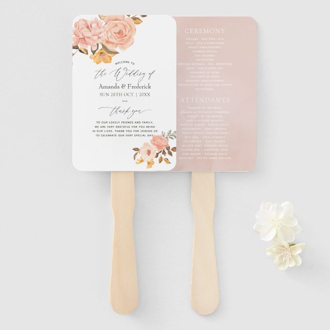 Éventail Programme de mariage floral rose et or (Devant et derrière)
