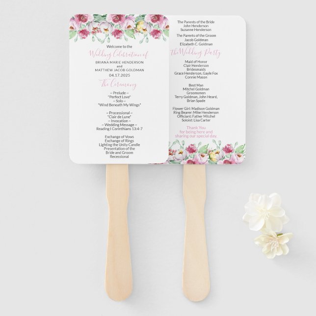 Éventail Programme de mariage floral rose Ventilateur à mai (Devant et derrière)