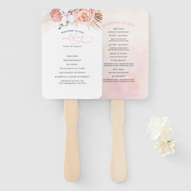 Éventail Programme de mariage floral rose Ventilateur à mai (Devant et derrière)