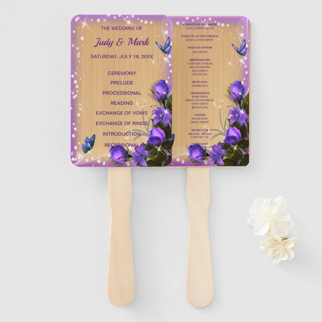 Éventail Programme de mariage floral violet en bois rustiqu (Devant et derrière)