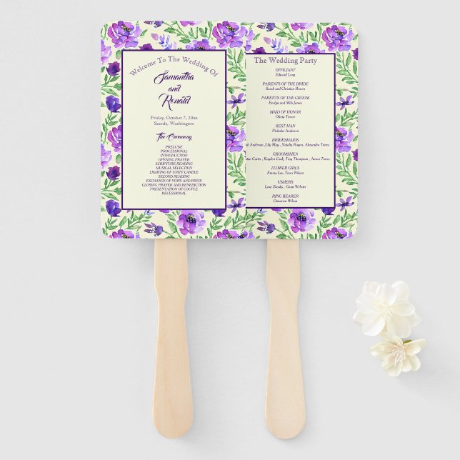 Éventail Programme de mariage floral violet et vert (Devant et derrière)