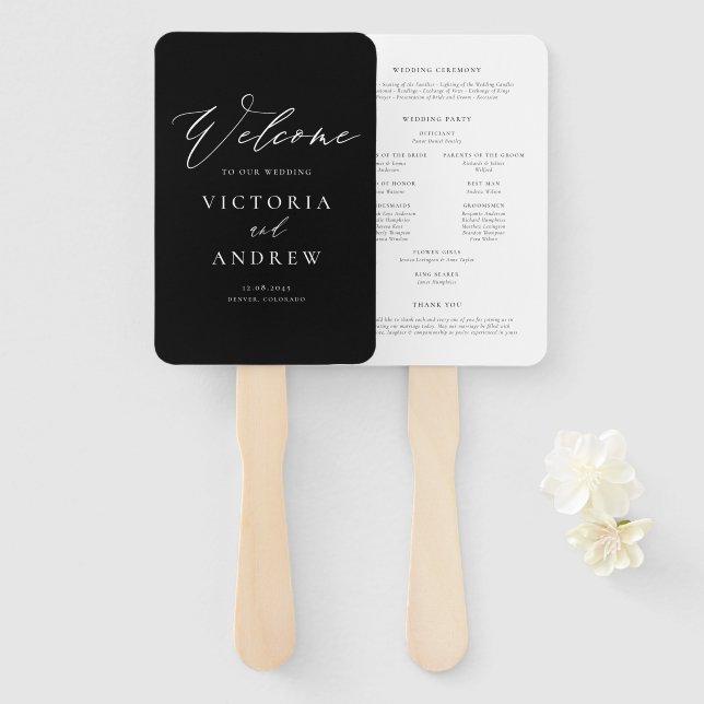 Éventail Programme de mariage formel noir à typographie sim (Devant et derrière)