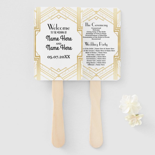 Éventail Programme de mariage Gatsby White Art Déco Ventila (Devant et derrière)