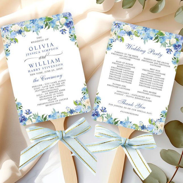 Éventail Programme de mariage Hydrangea Bleu Clair  Verdure (Créateur téléchargé)