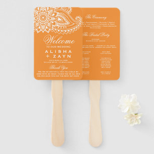 Éventail Programme de mariage indien orange à motifs paisle