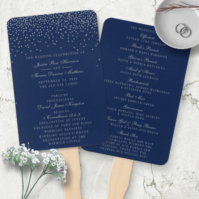 Éventail Programme de mariage Marine Blue & Glam Silver Con (Créateur téléchargé)